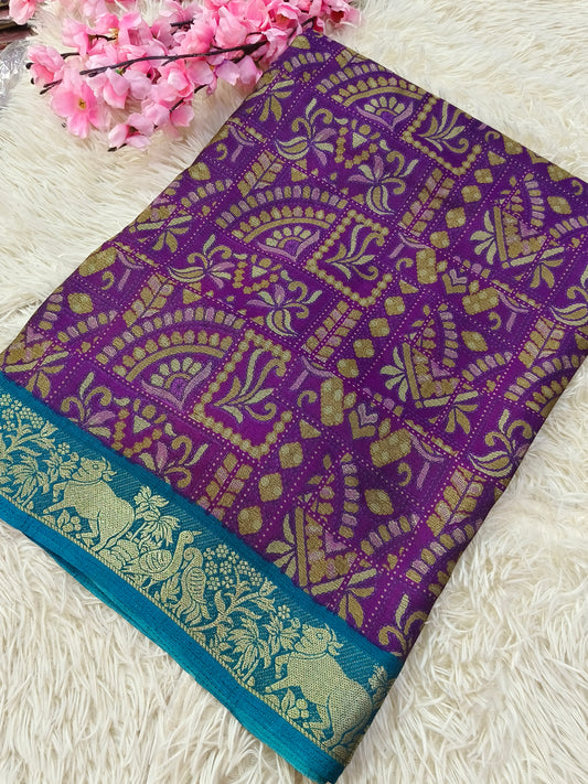 Purple with blue Kalamkari Fusion silk saree
