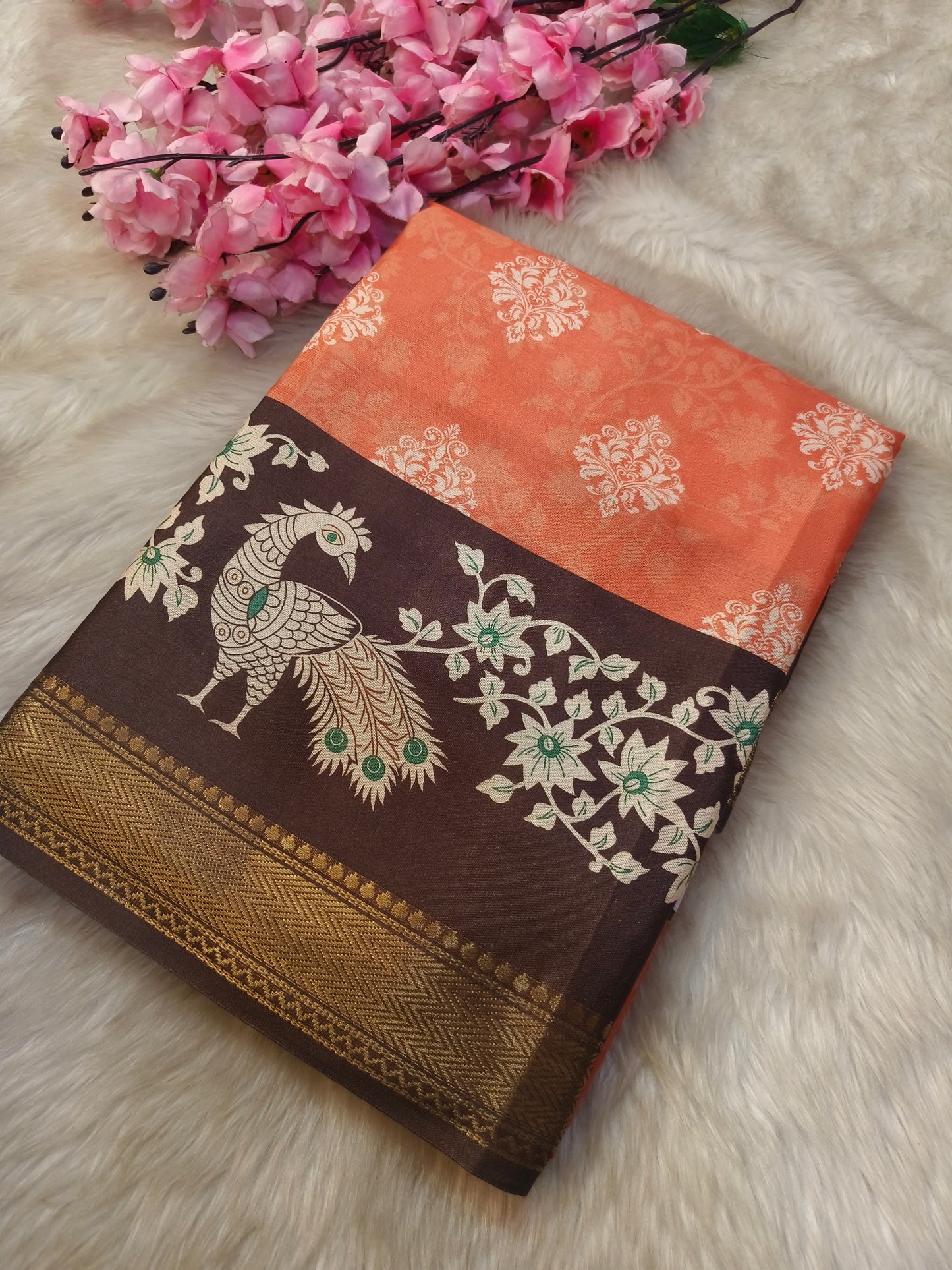 Peach  with  Brown printed silk saree