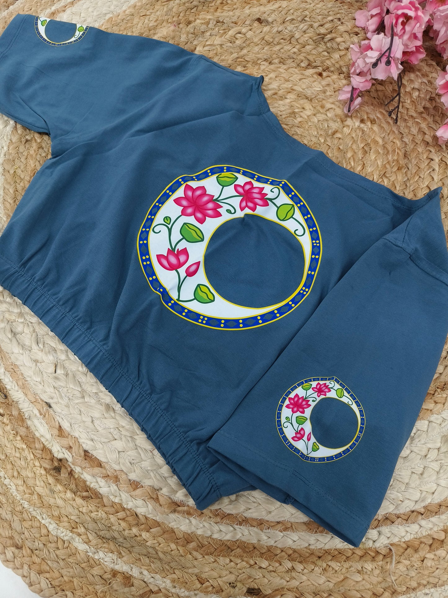 Teal blue Stretchable blouse with unique printed design