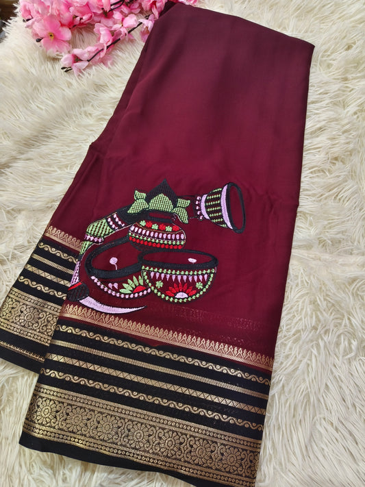 Brown With Black Semi Mysore crepe Silk saree