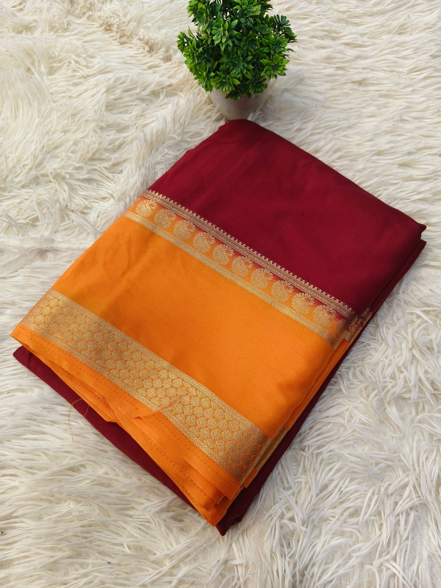 Marron with orange semi Mysore crepe silk saree