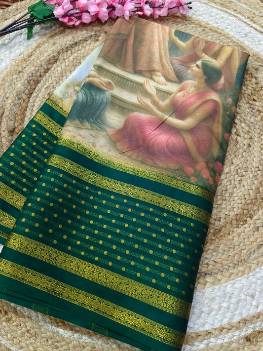 Bottle Green queen's printed semi Mysore crepe silk saree