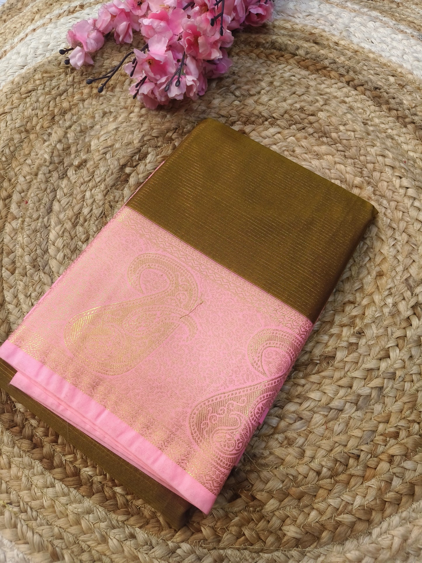 Light Brwon with Pink kanjivaram silk saree