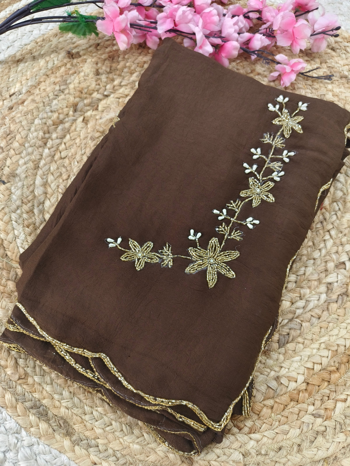Elegance Brown Georgette Saree with Handcrafted Zardozi & Pearl Floral Work