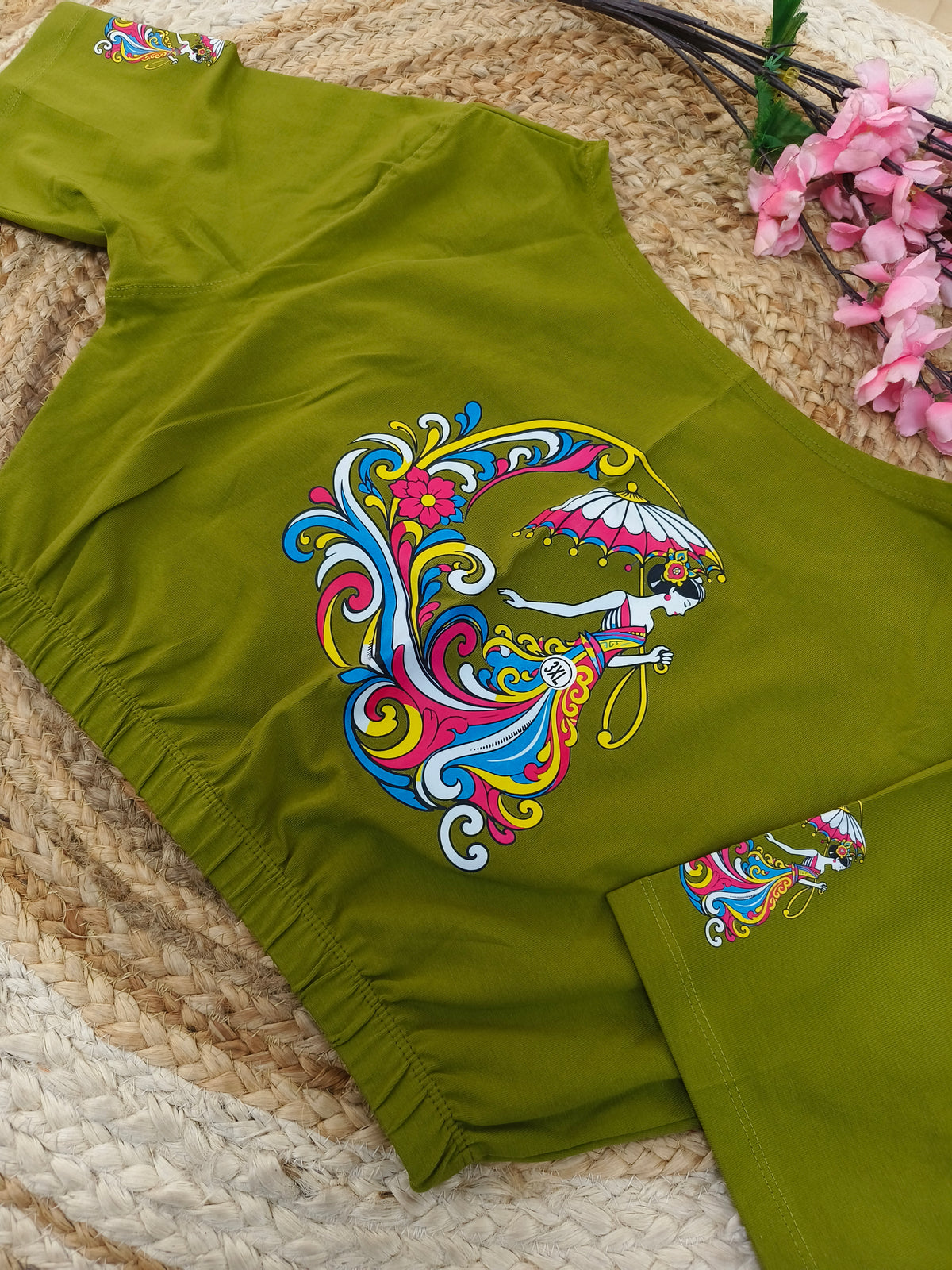 Mehandi Green Stretchable blouse with unique printed design