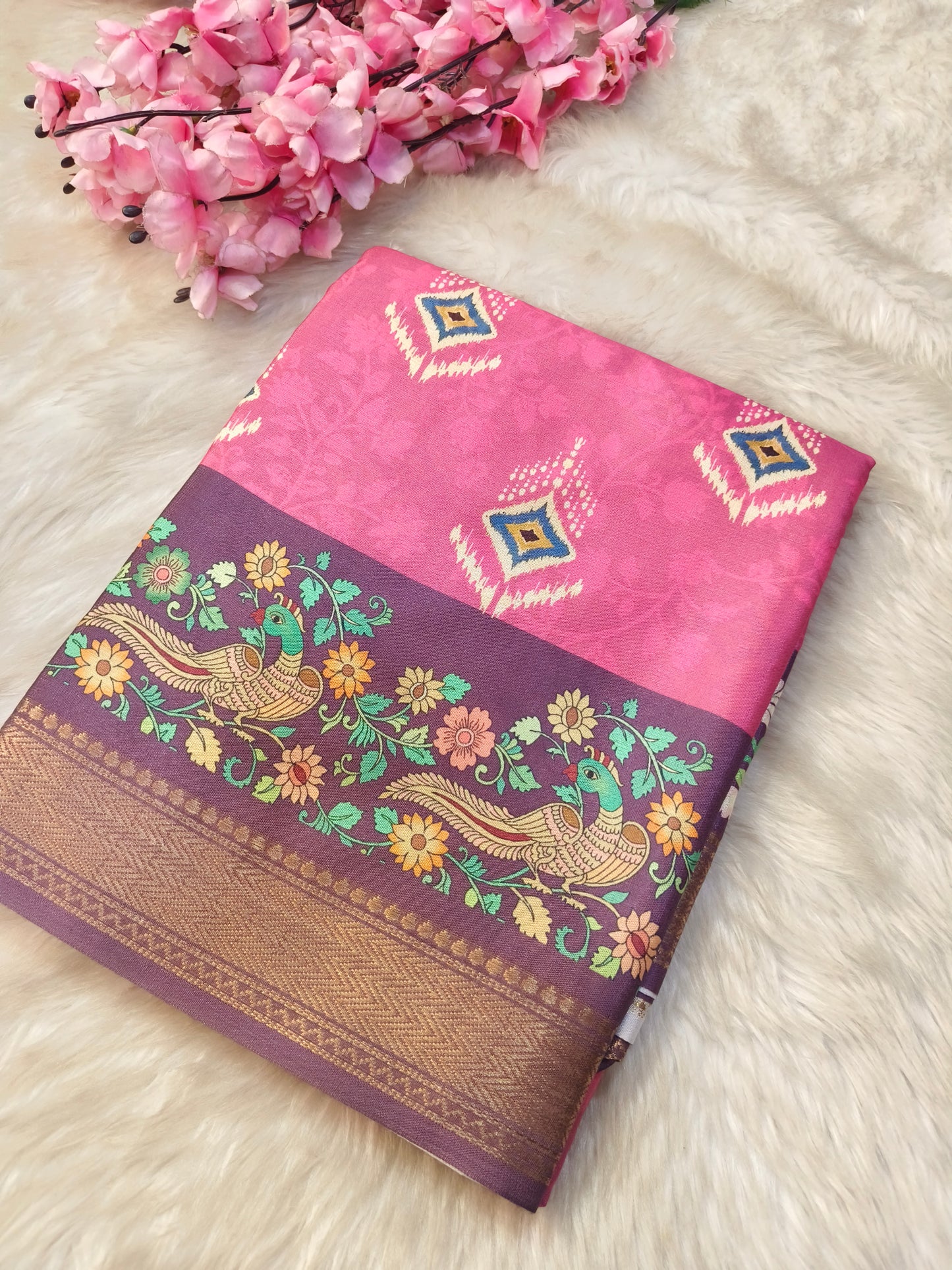 Pink with wine printed silk saree