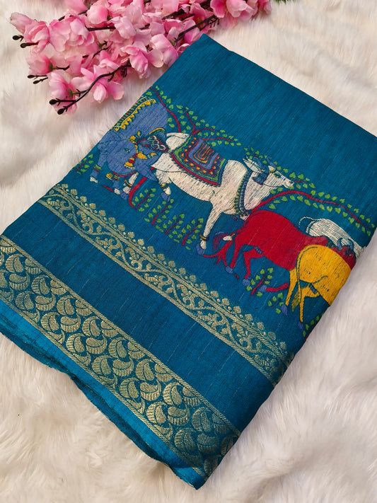 Sky Blue Pichwai Chinon silk saree