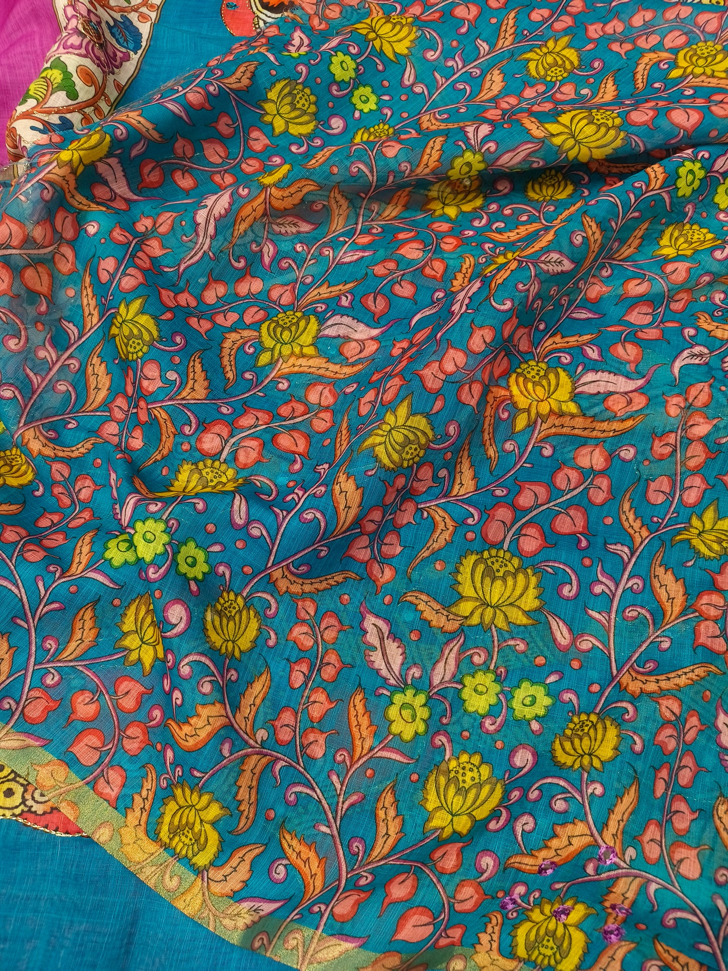 Pink with teal Blue Linen cotton Kalamkari saree