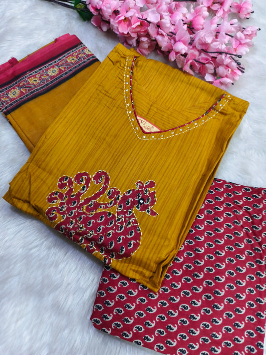 Yellow with maroon Aarvi pure cotton suit