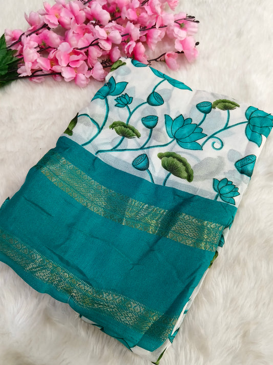 See blue with white  moss chiffon saree