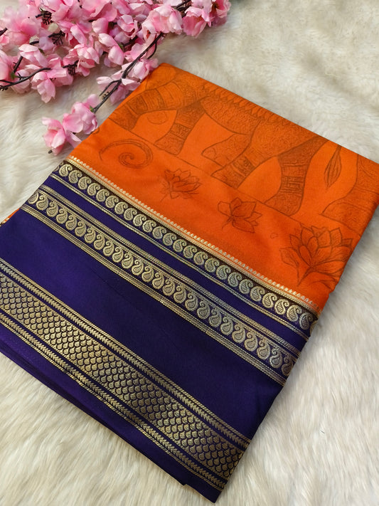 Orange with purple semi Mysore crepe silk saree