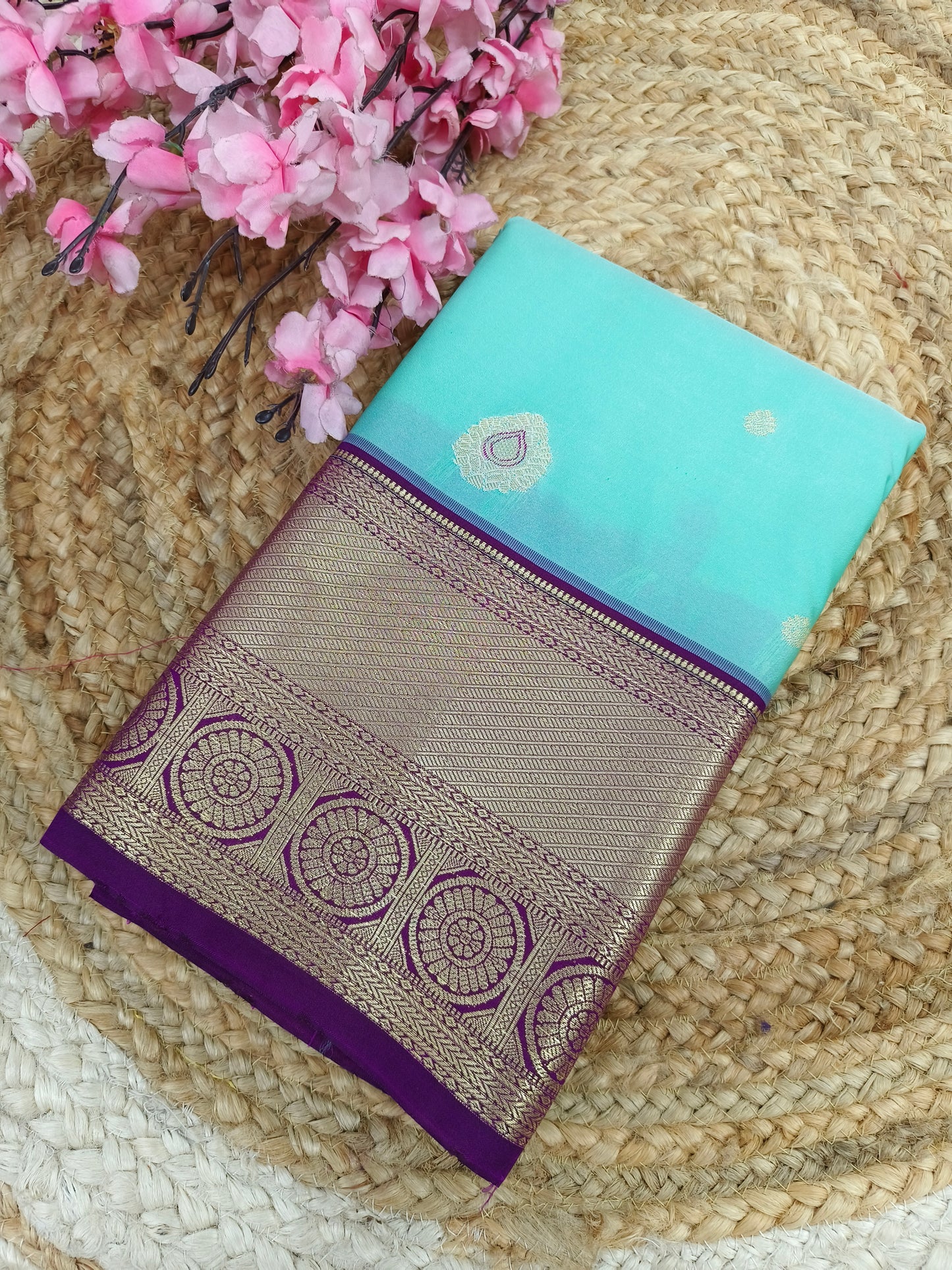 Sky blue with purple Elegant semi kanjivaram silk saree