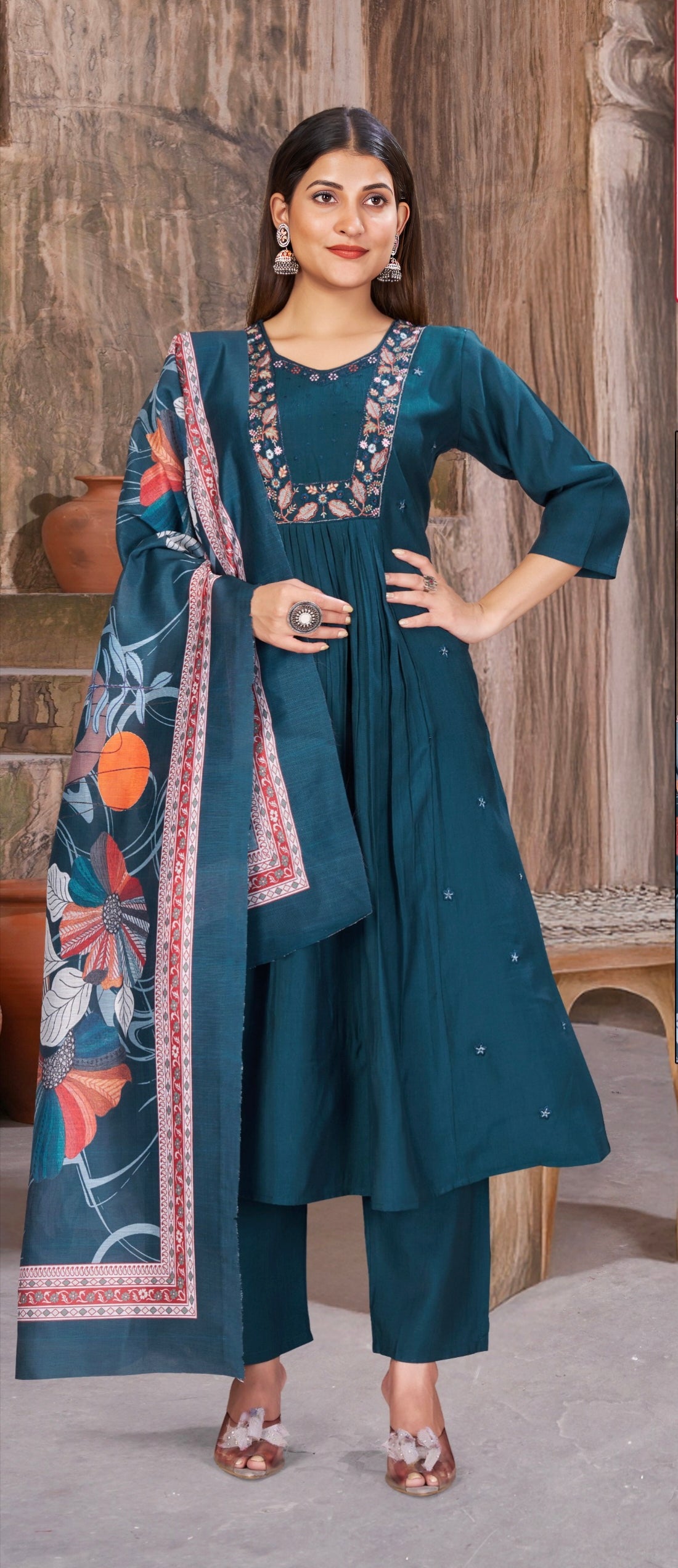 Peacock Blue Elegant Aline designer suits