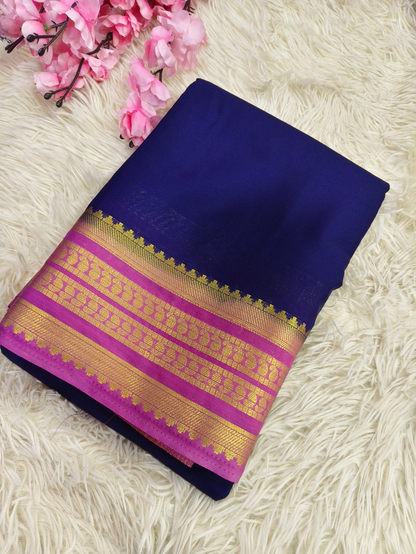 Navy Blue with Rose Pink  semi Mysore crepe silk