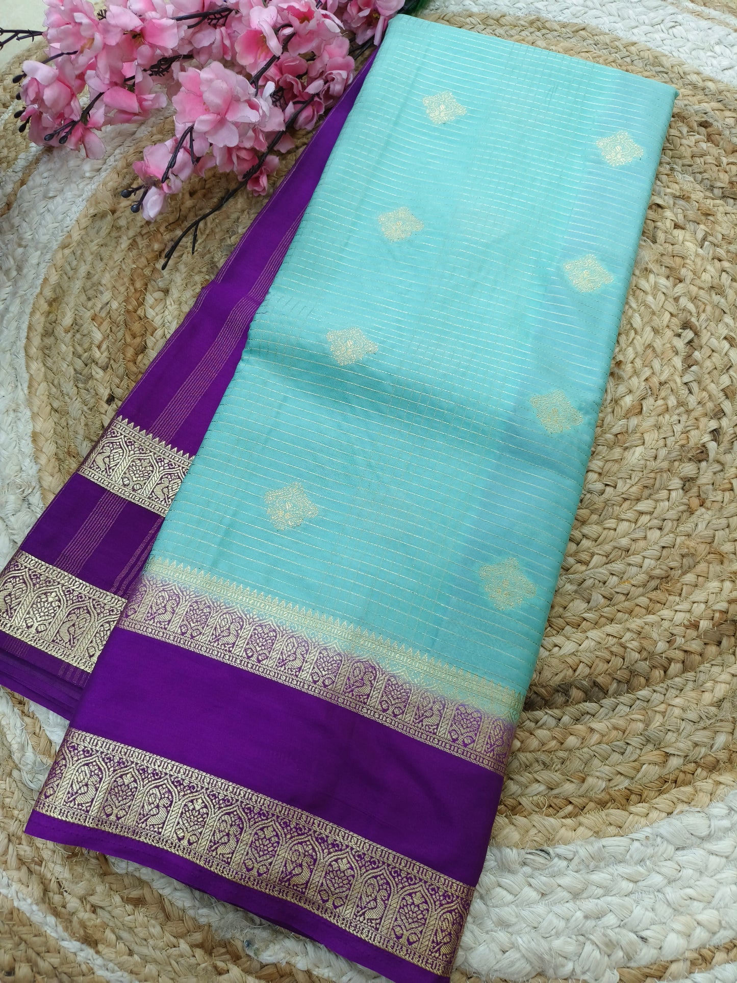 Light Blue with purple Semi Mysore silk