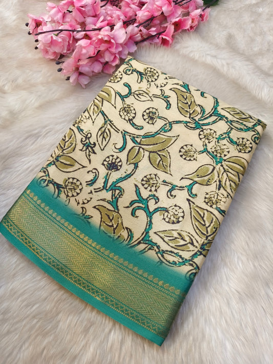 Cream with Blue printed silk saree