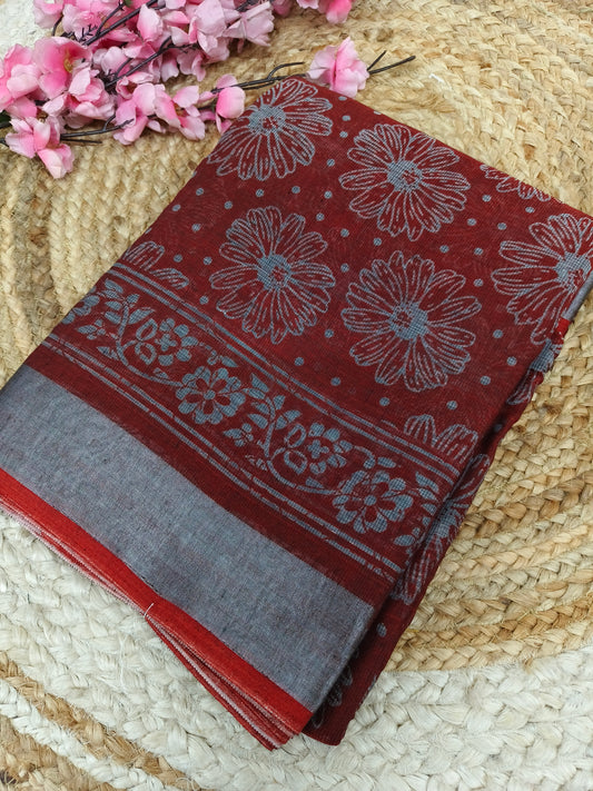 Dark Red - Black Lenin Cotton saree