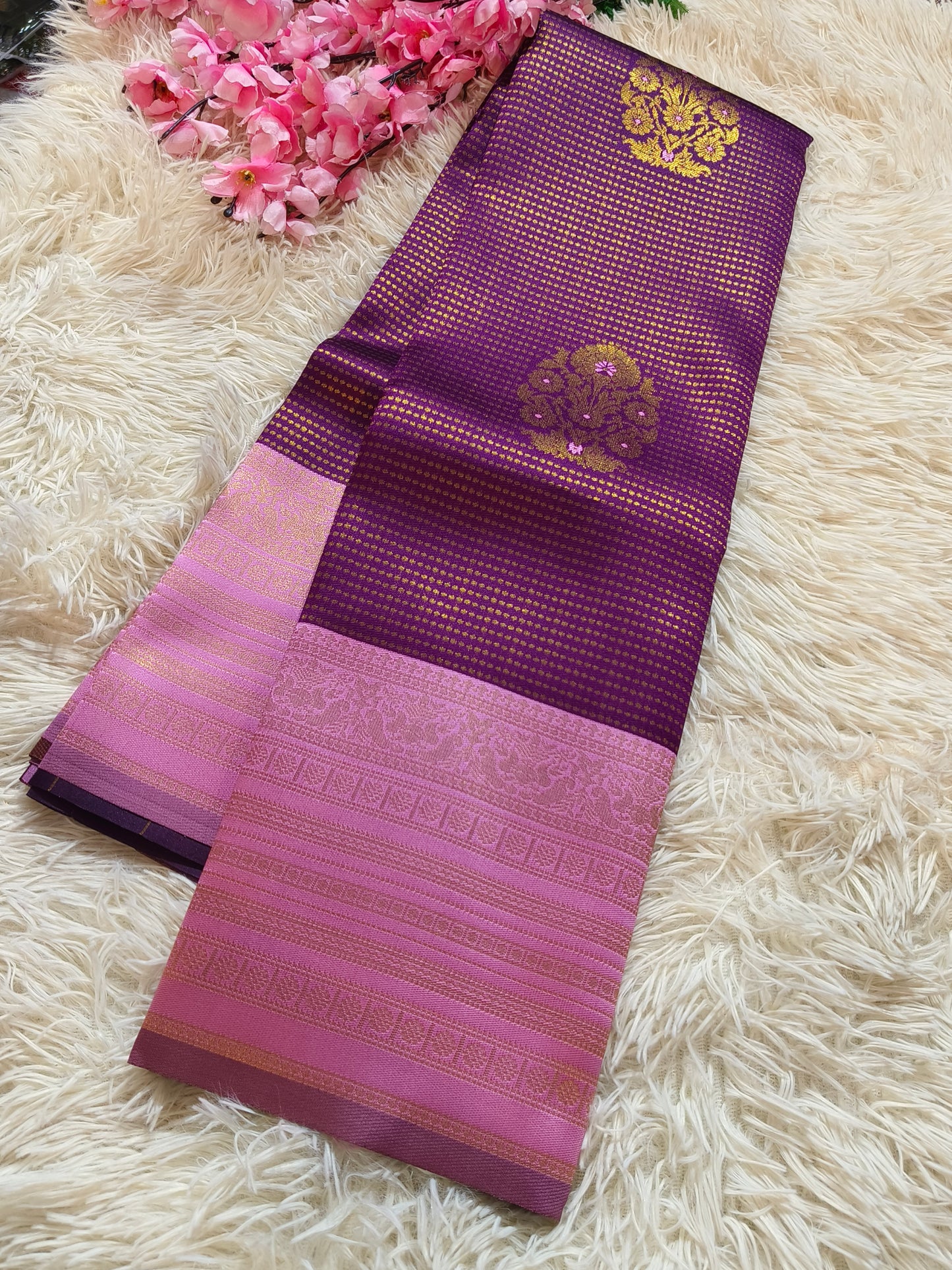 Mejentha Wine With Light Pink Semi Kanchi Pattu silk saree