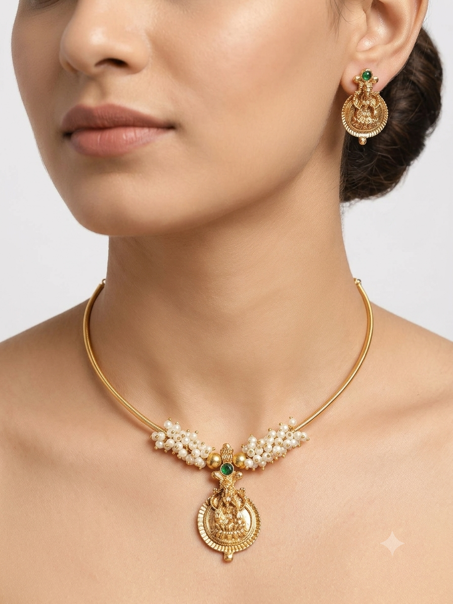 Divine Lakshmi Pearl Wire Necklace Set