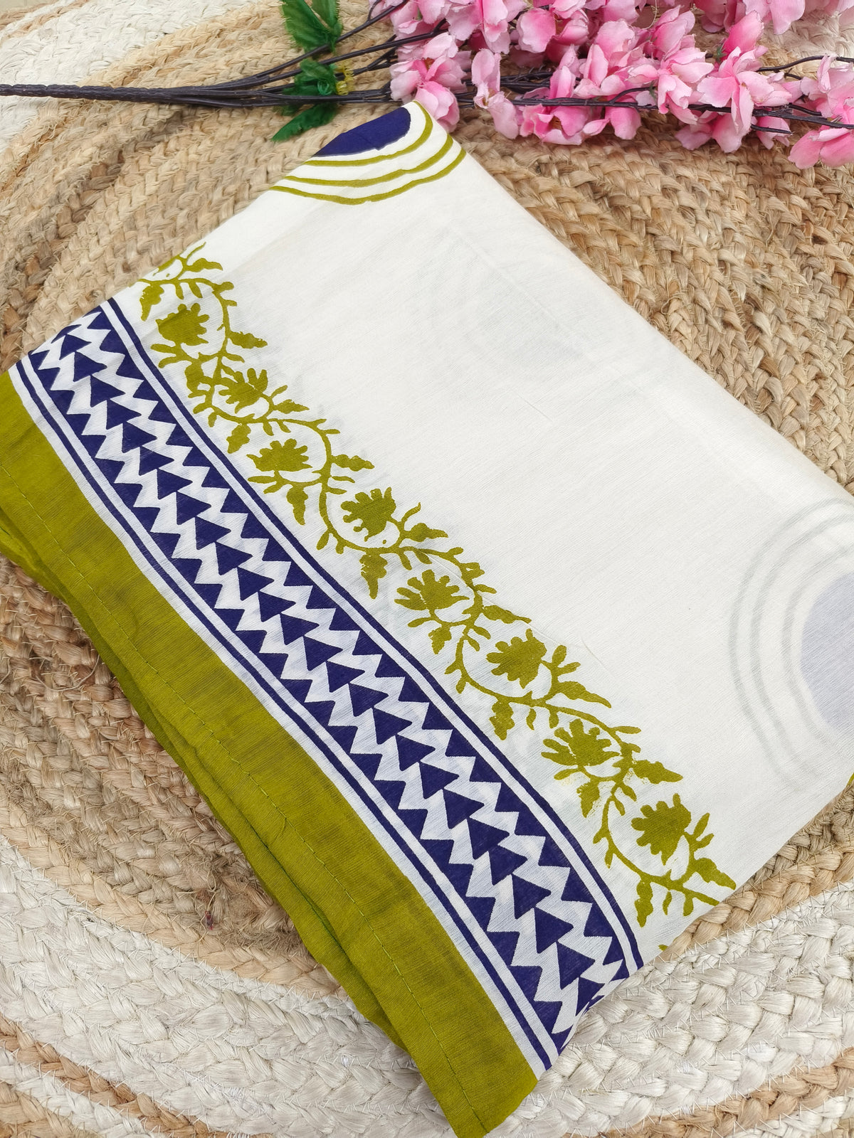 Pristine White Hand Block Printed Cotton Saree with green Floral & Geometric Border