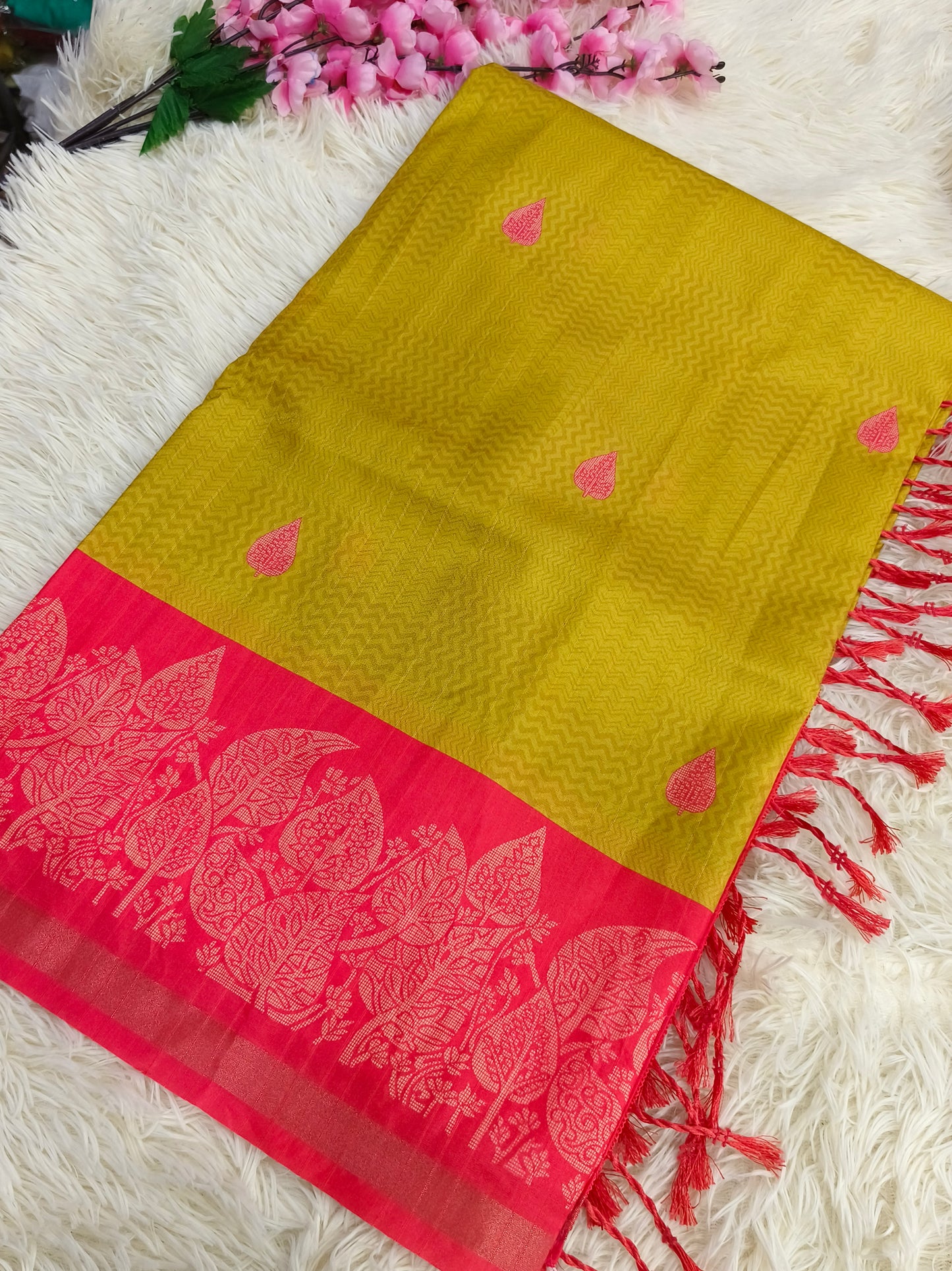 Yellow with Pink Tussar silk saree