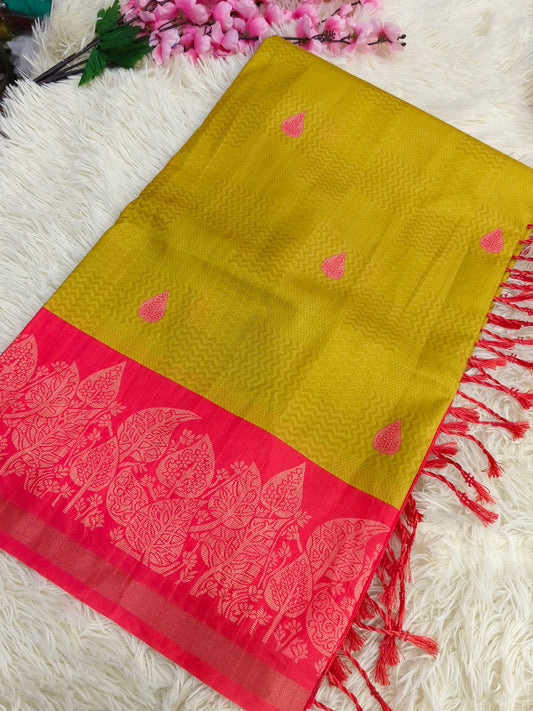 Yellow with Pink Tussar silk saree