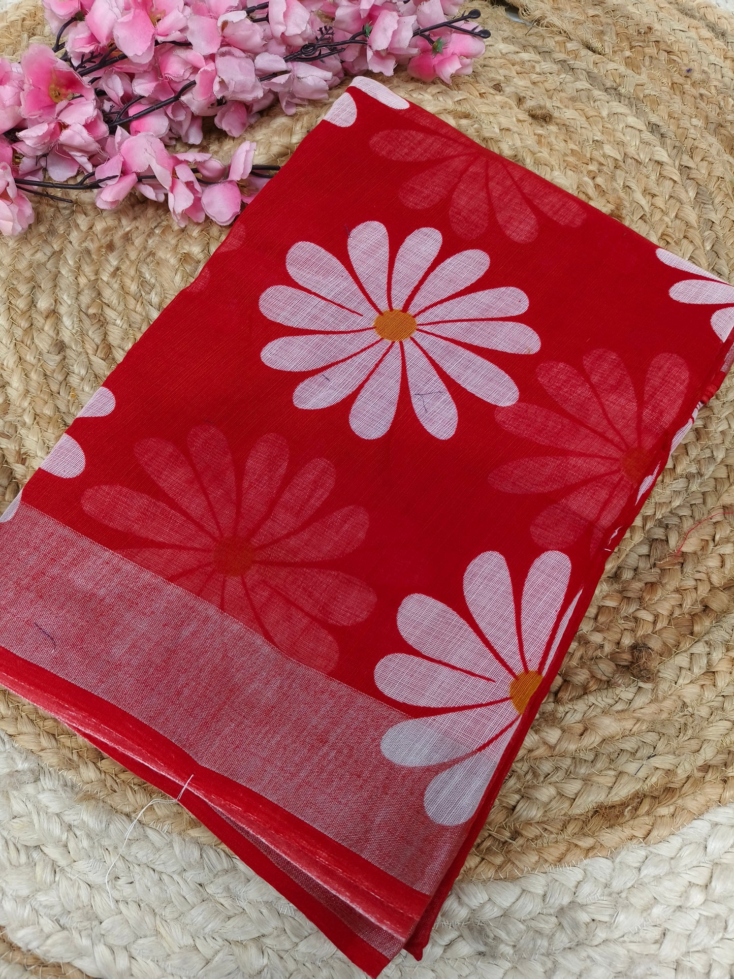 Red Lenin Cotton saree