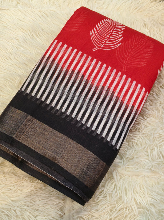Red With Black Lenin Silk saree