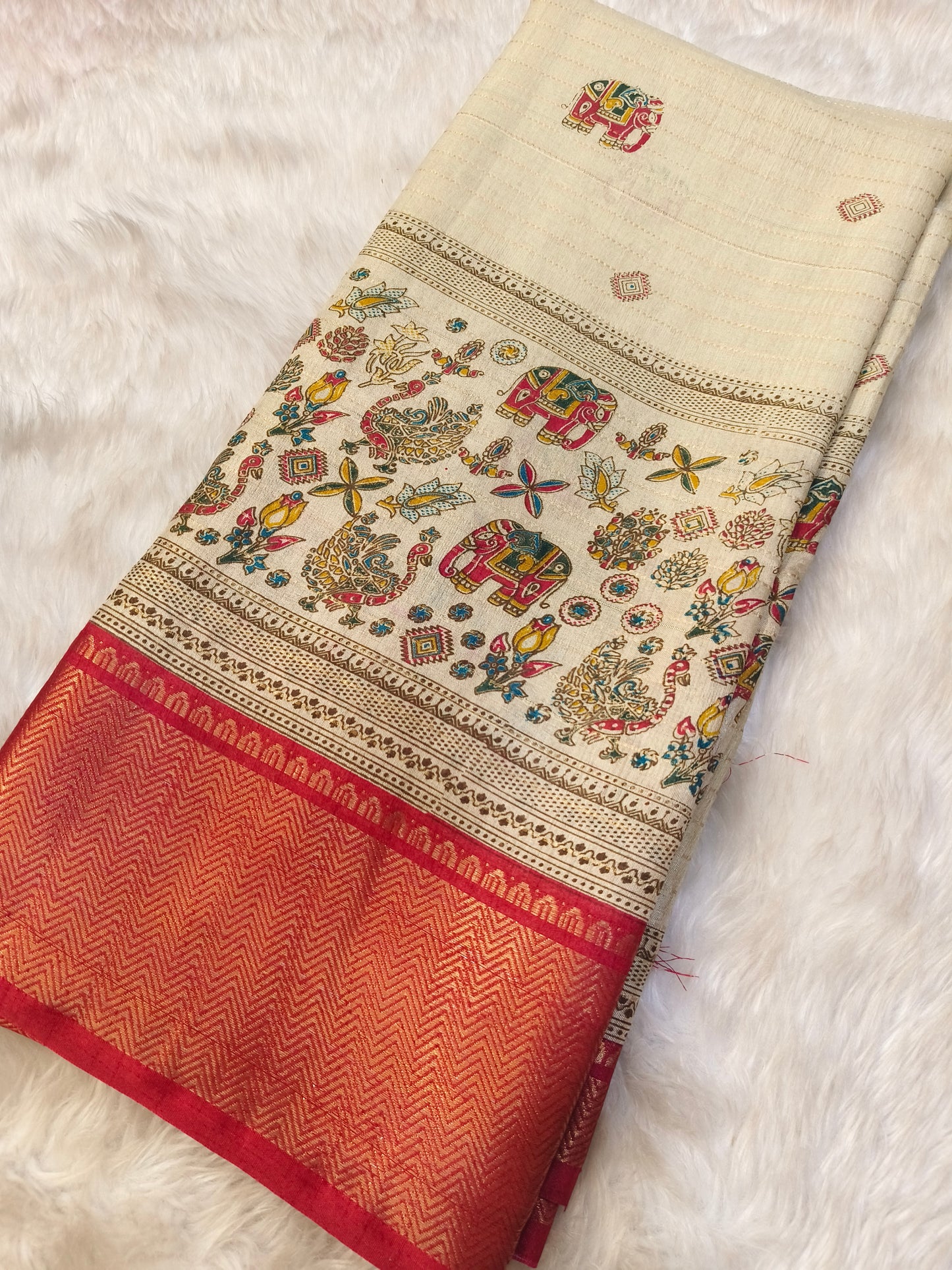 Cream with Red pure cotton Kalamkari saree