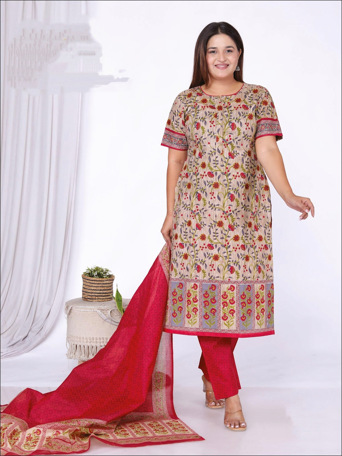 Beige with red Cotton sets with duppata