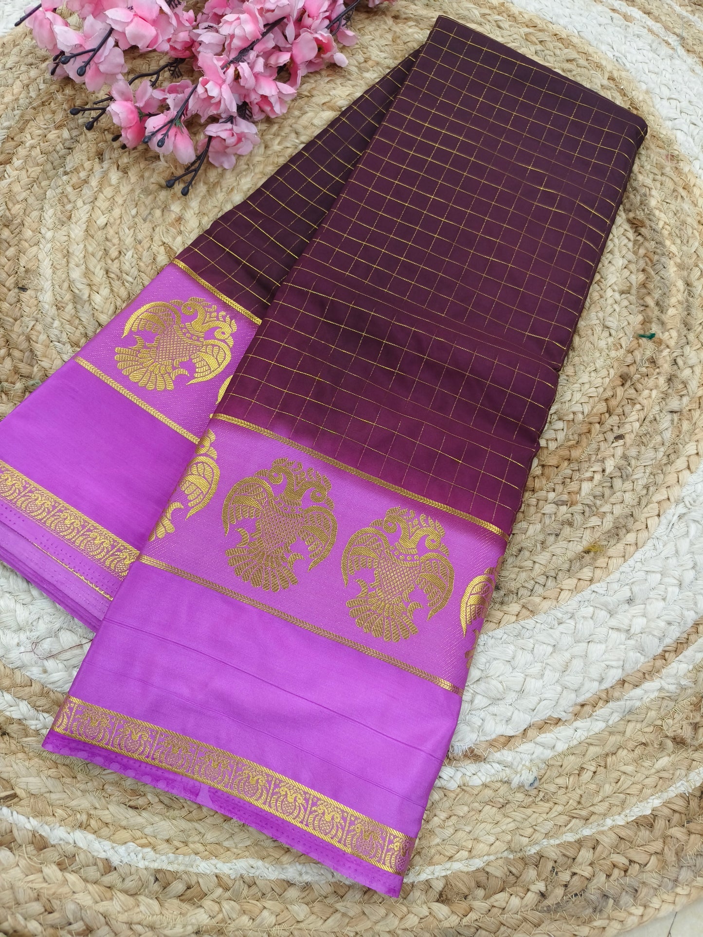 Wine with Rose pink crape silk saree
