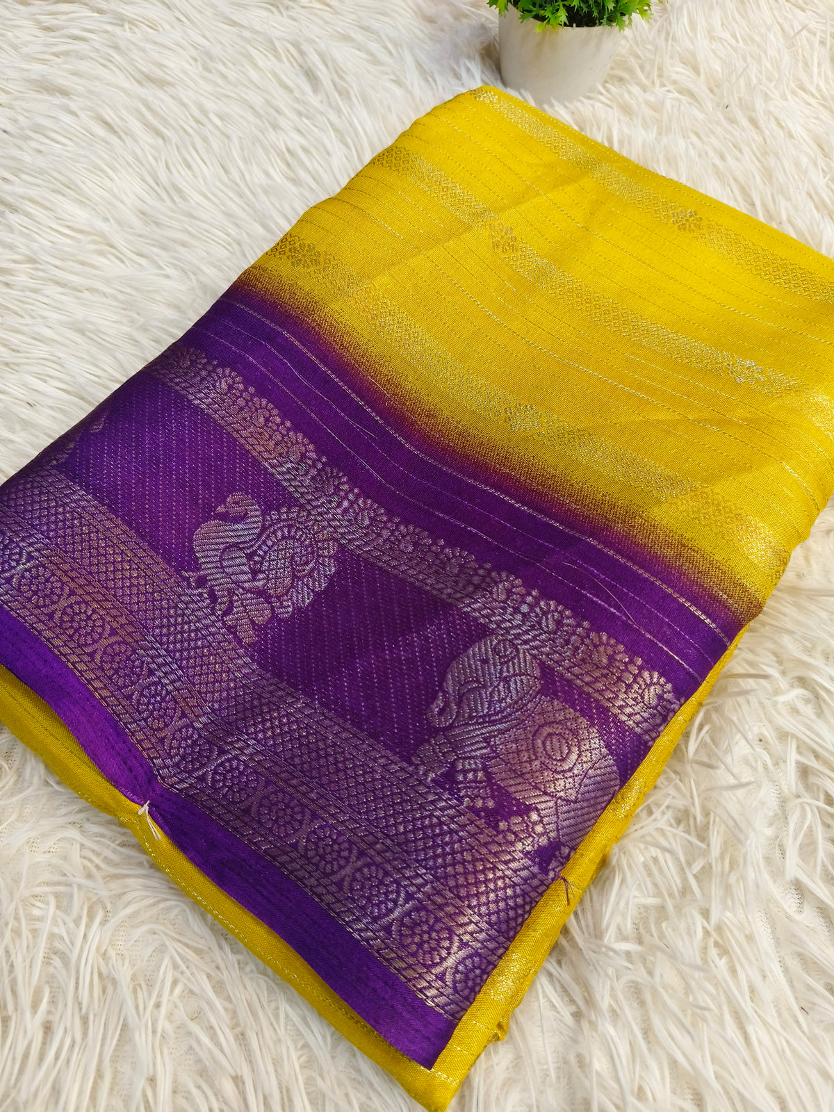 Yellow with purple fancy silk saree