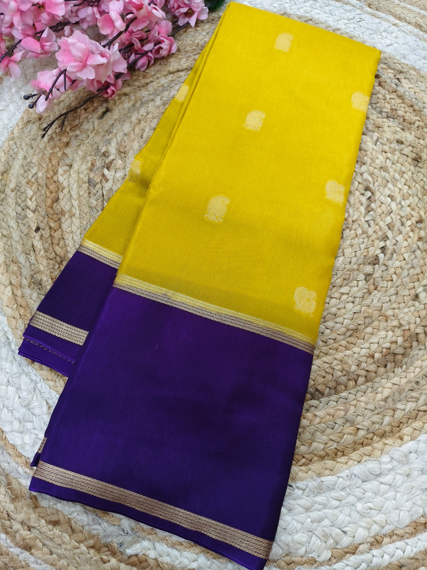 Yellow with purple Munga silk saree