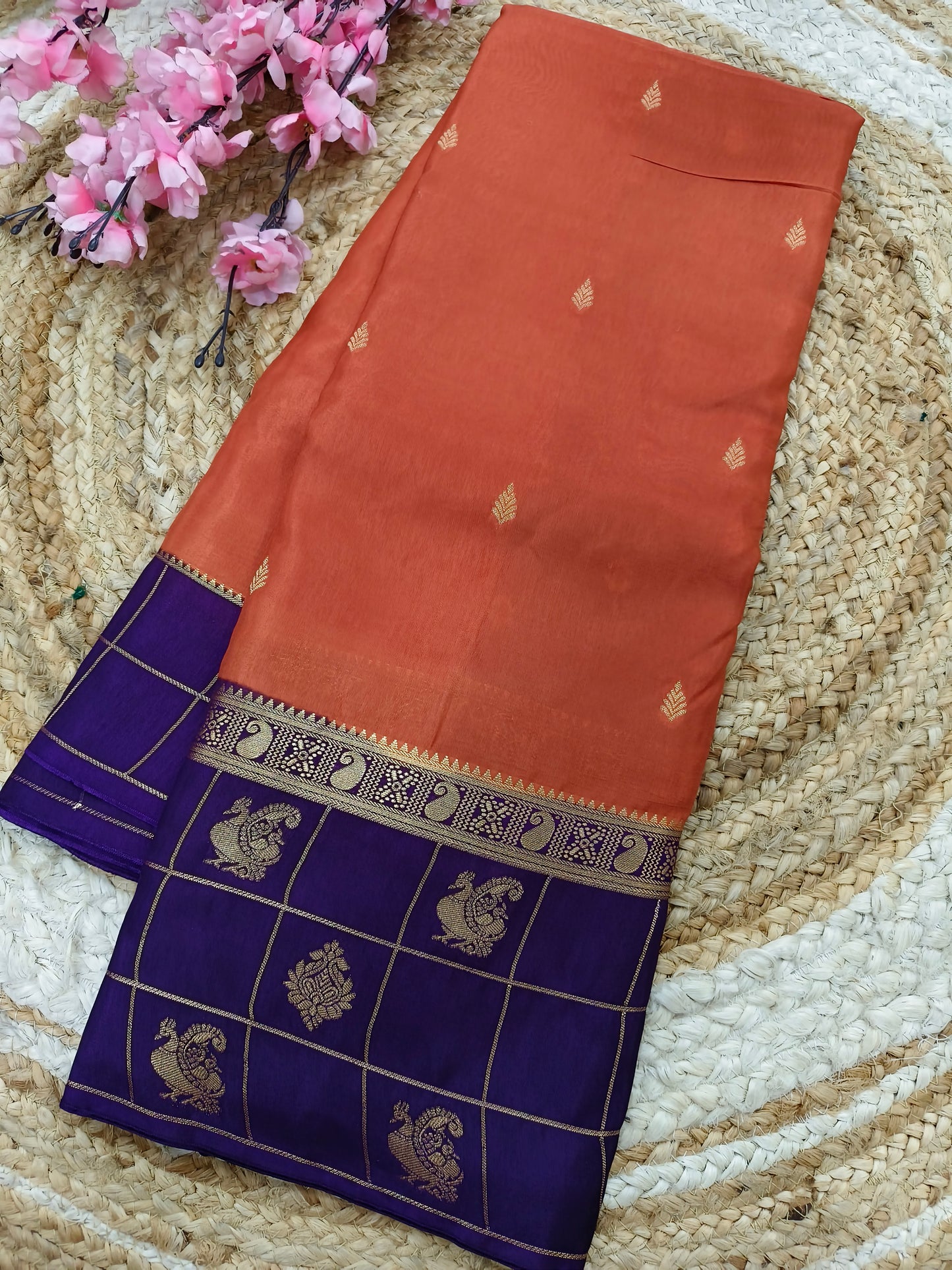 Orange with purple Munga silk saree