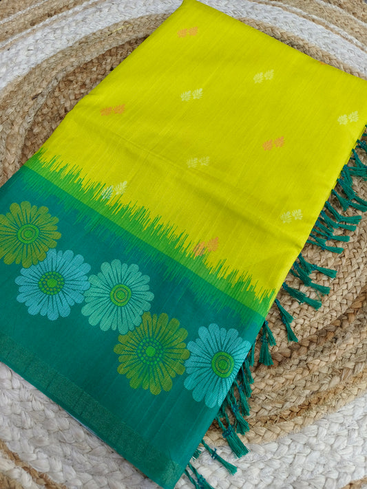 Greenish yellow with Green Tussar silk saree