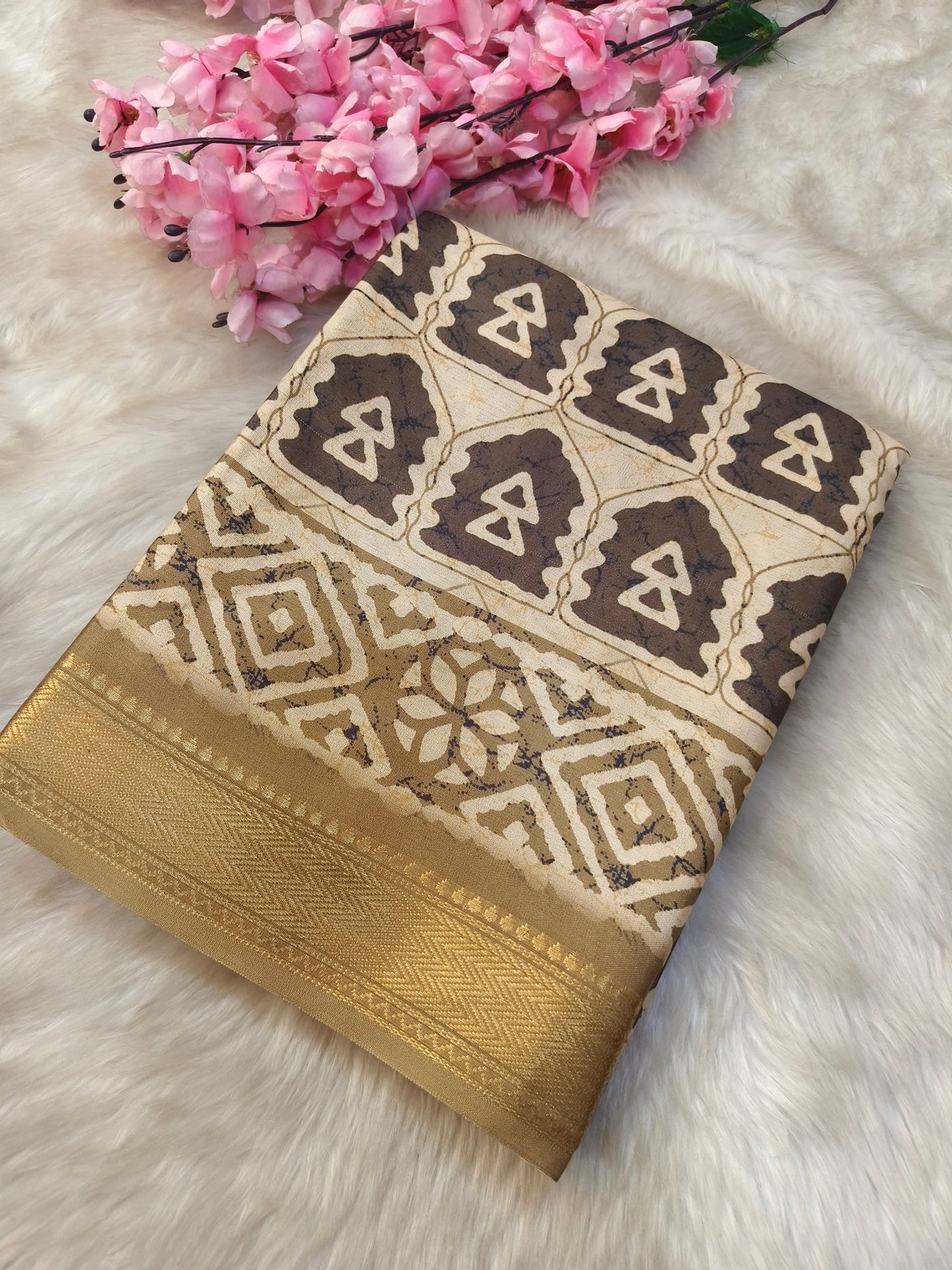 Cream printed silk saree