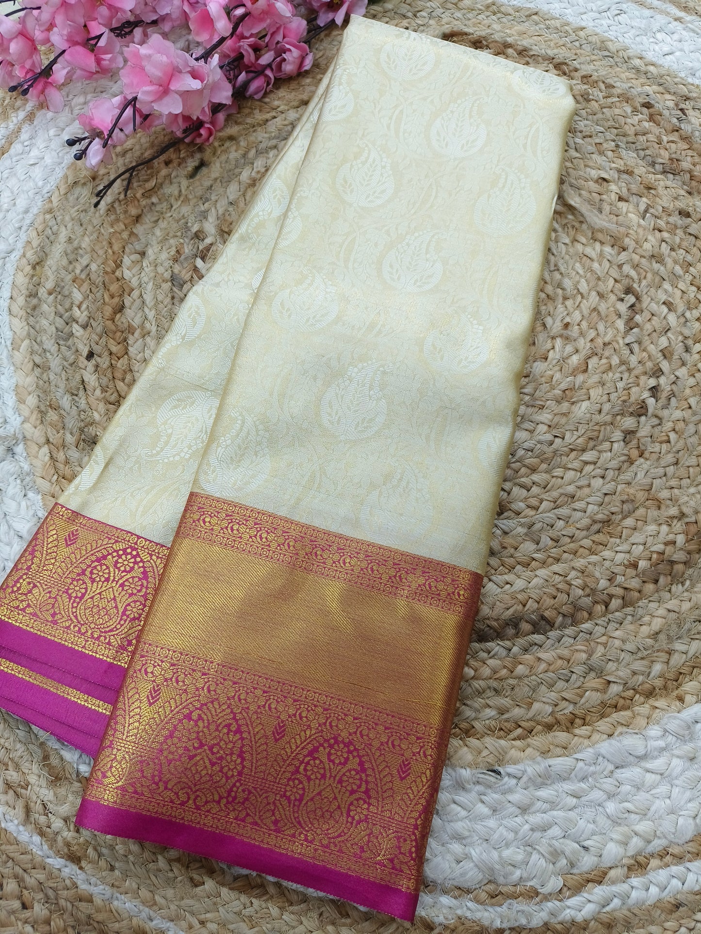 Iight Gold With Rani Pink soft silk saree