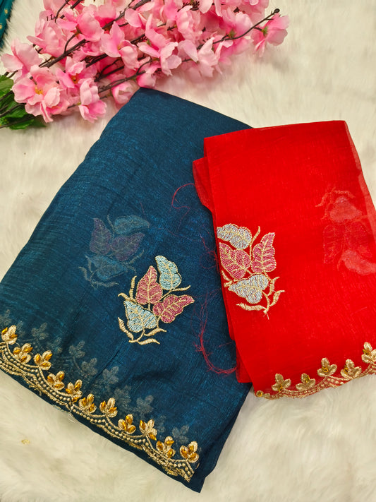 Peacock blue designer shimmer saree