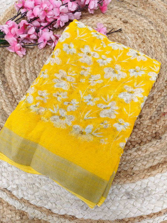 Mango yellow Lenin Cotton saree