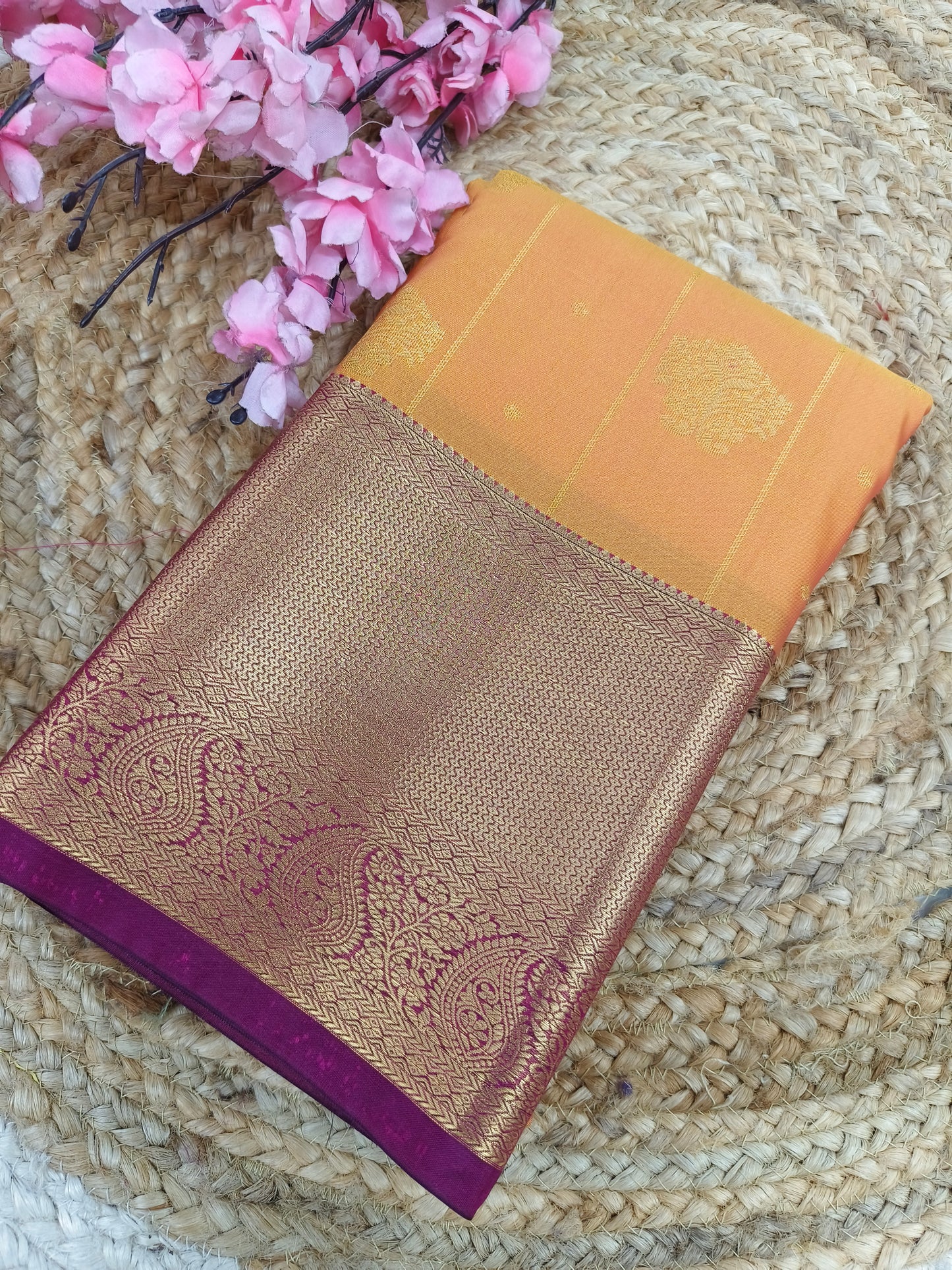 Mustard yellow with wine Elegant semi kanjivaram silk saree
