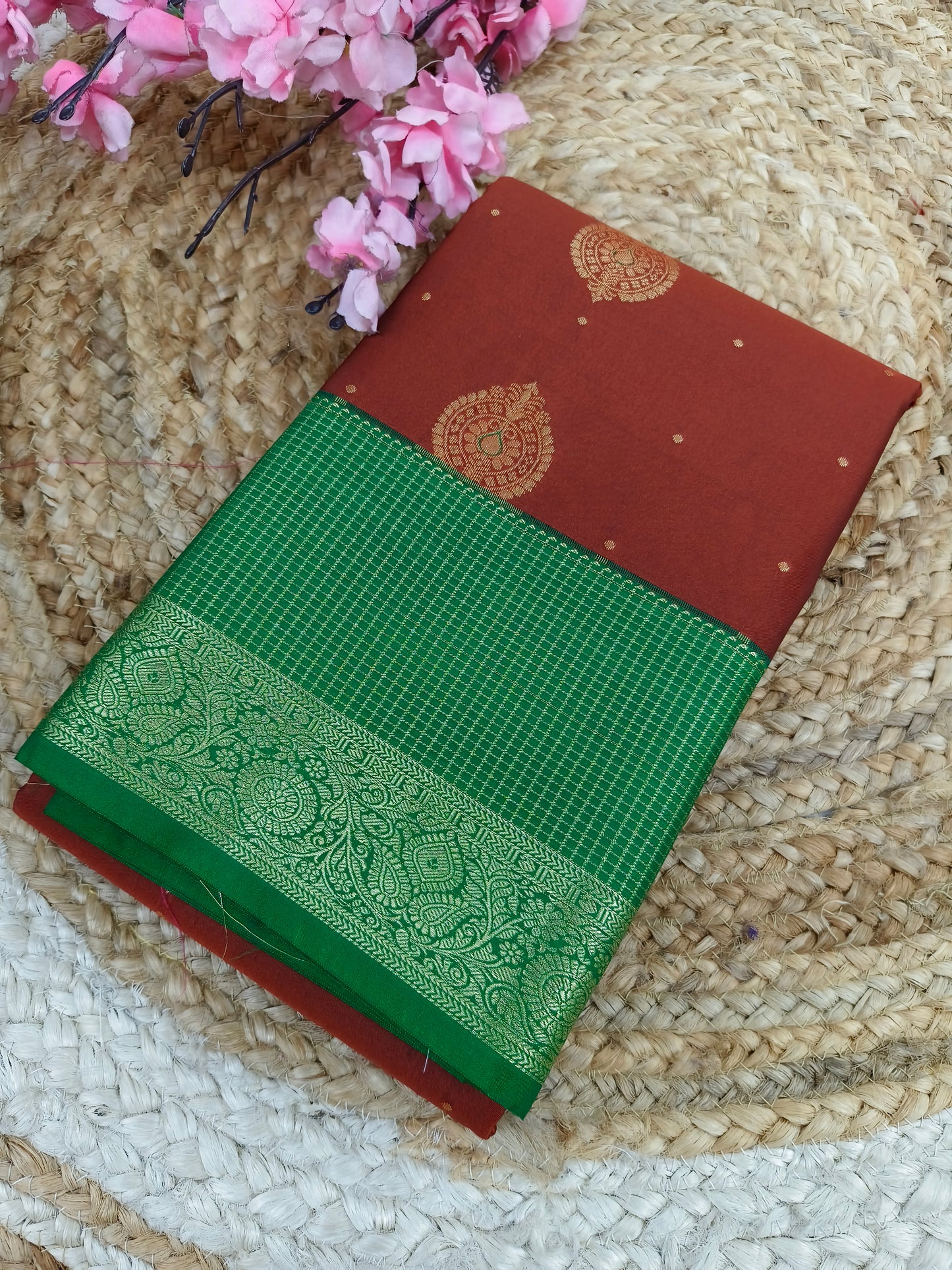 Maroon with bottle green Elegant semi kanjivaram silk saree
