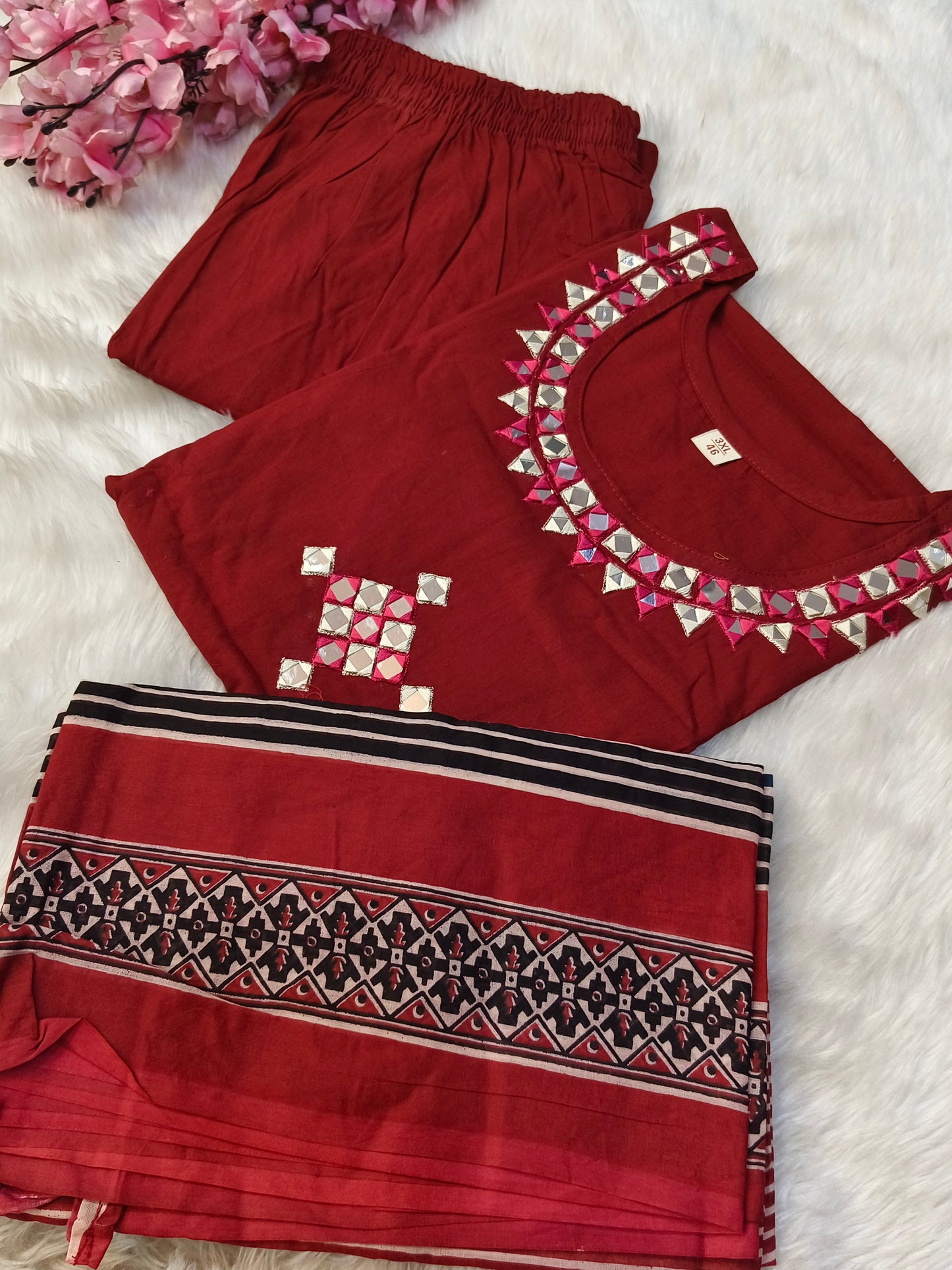 Maroon Red cotton straight cut Suit