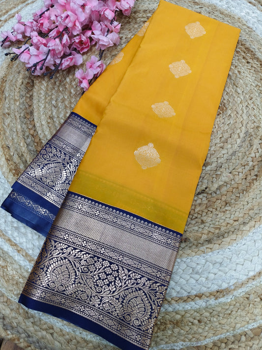 Yellow with blue Elegant  soft semi kanjivaram silk saree