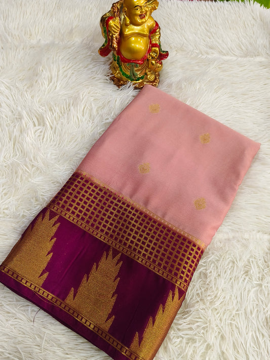 Peach With Wine semi Mysore crepe silk saree