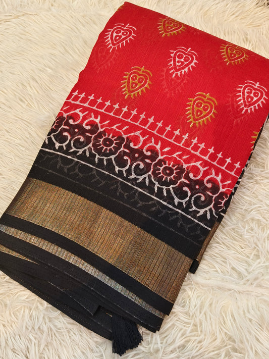 Red With Black Lenin Silk saree
