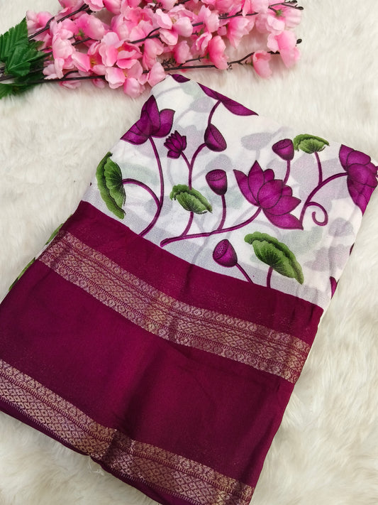 Maroon with white  moss chiffon saree