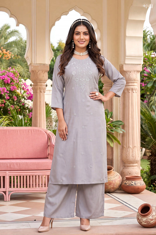 Grey chikan work dress
