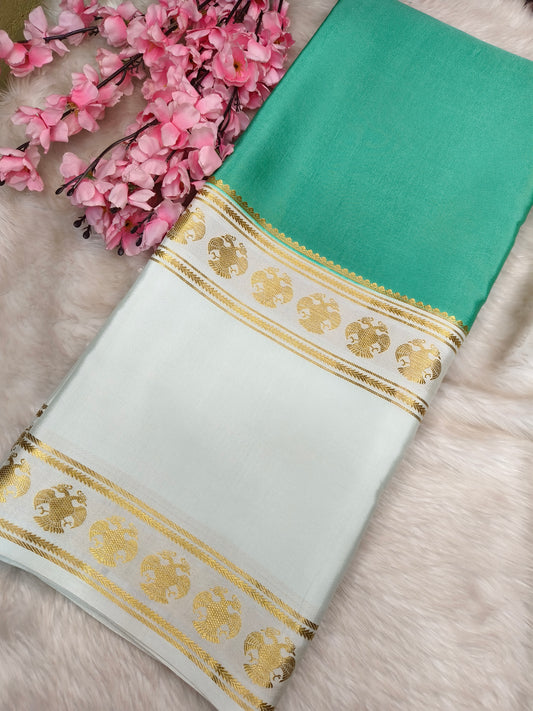Seagreen with white pure crepe silk saree