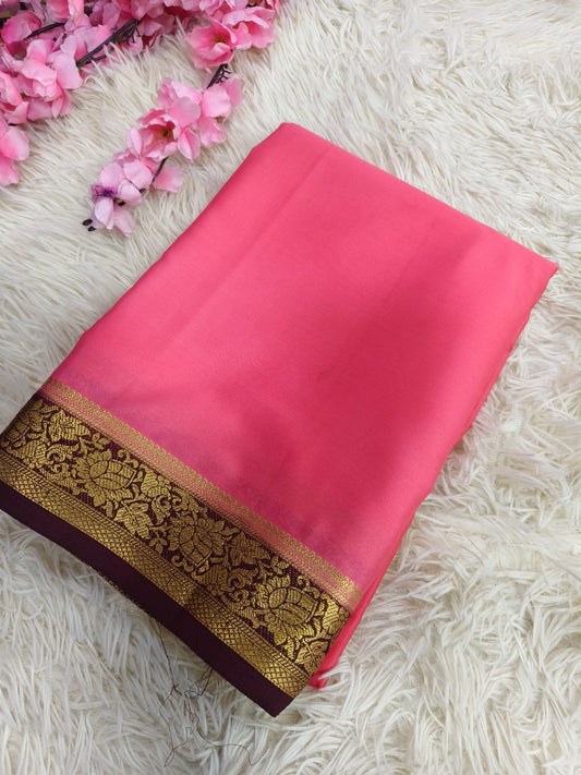 Baby pink with Wine semi Mysore crepe silk
