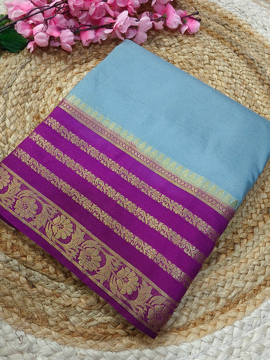 Grey with Pink semi Mysore crepe silk saree
